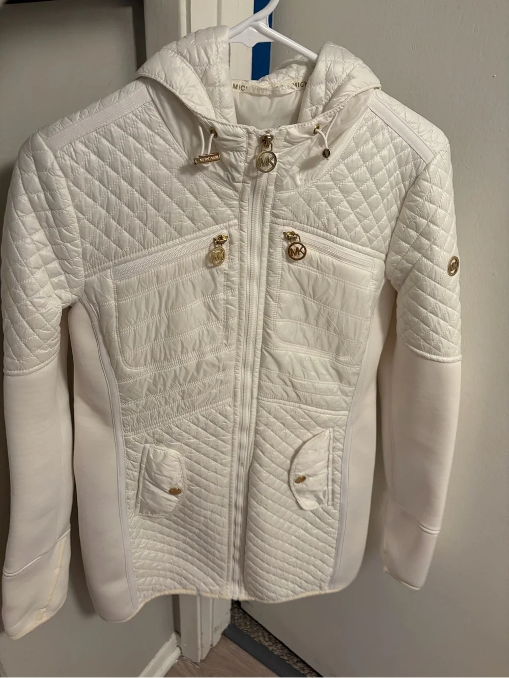Michael Kors White Quilted Hooded Puffer Jacket with Gold Accents